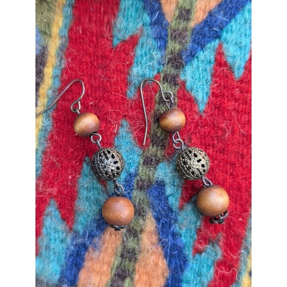 Vintage Wood Bead Dangle Earrings - Picture 1 of 8